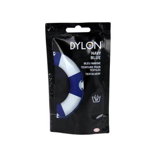 Dylon Handwas textile dye in navy blue 08, 50 grams, showing the dye powder container with navy blue dye for fabric coloring.
