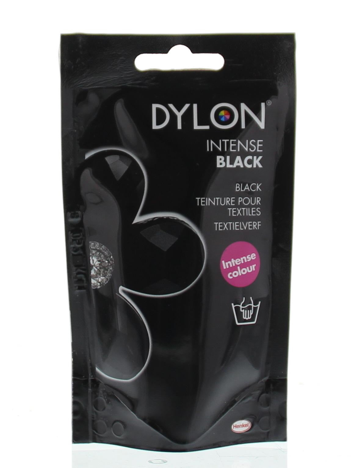 Dylon Handwas intense black textile dye in 50g package, showing the dye powder and packaging for fabric coloring.