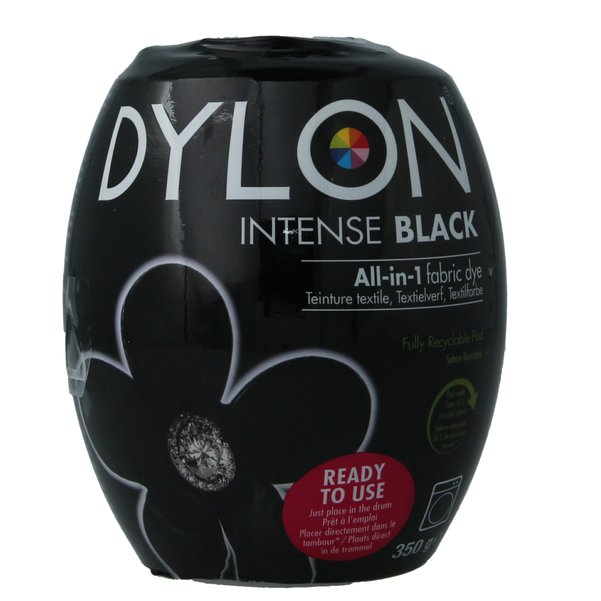 Dylon black intense textile dye pod, 350g, for vibrant fabric coloring, shown in a close-up image of the packaging.
