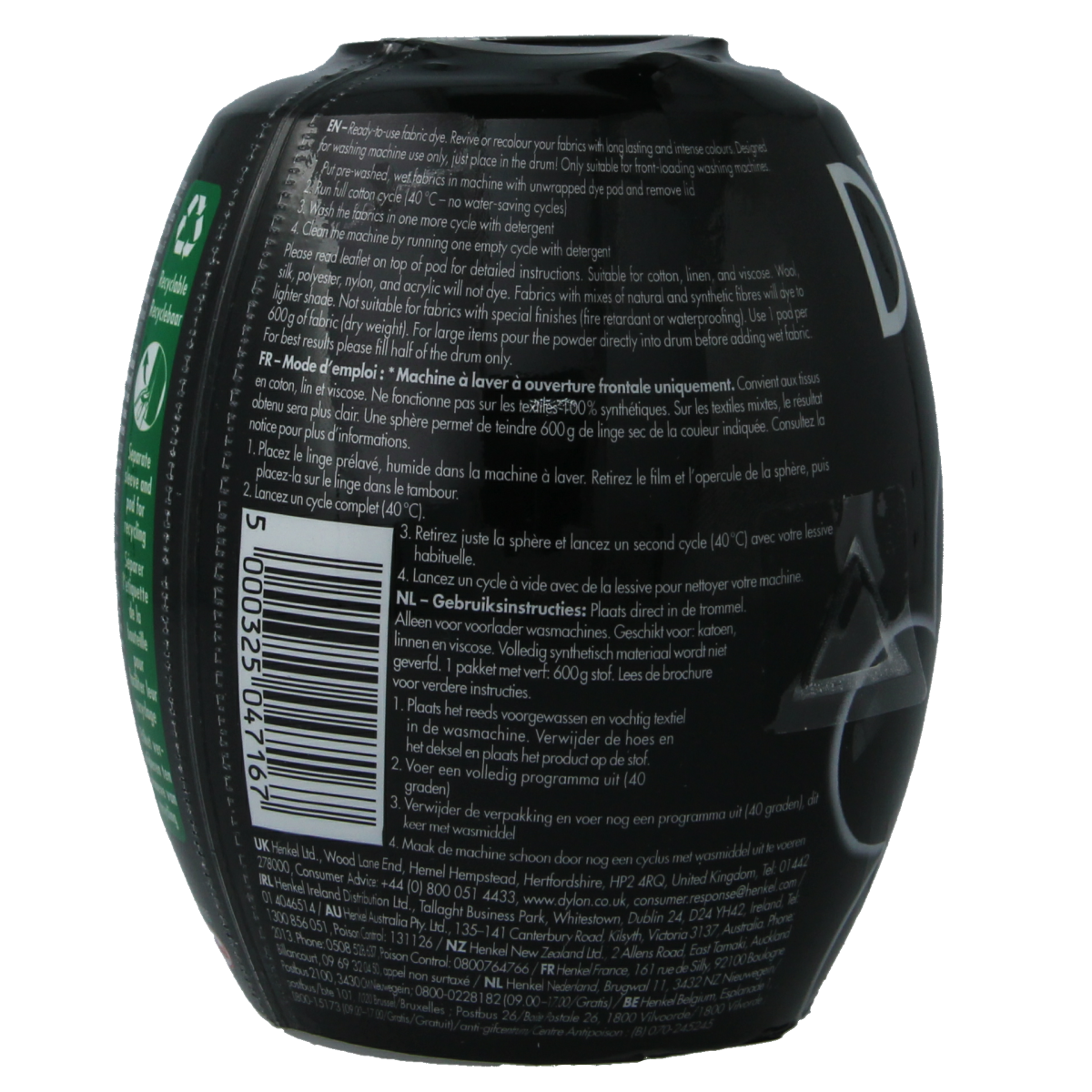 Dylon black intense textile dye pod with 350g of fabric dye for vibrant color renewal.