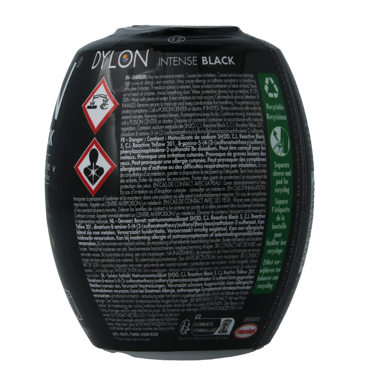 Dylon black intense textile dye pod, 350 grams, used for vibrant fabric coloring and dyeing projects.