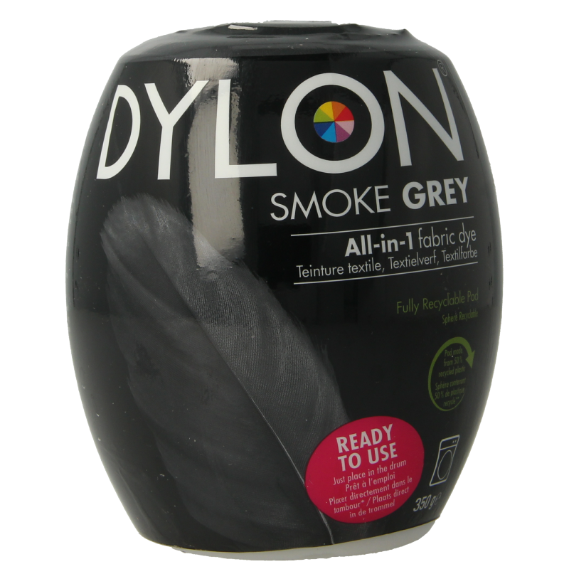 Dylon Smoke Grey textile dye pod, 350 grams, for fabric coloring, shown in a close-up image with packaging and branding.