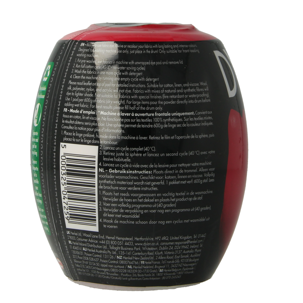 Dylon Tulip Red textile dye pod, 350 grams, for fabric coloring, shown in the image with vibrant red color