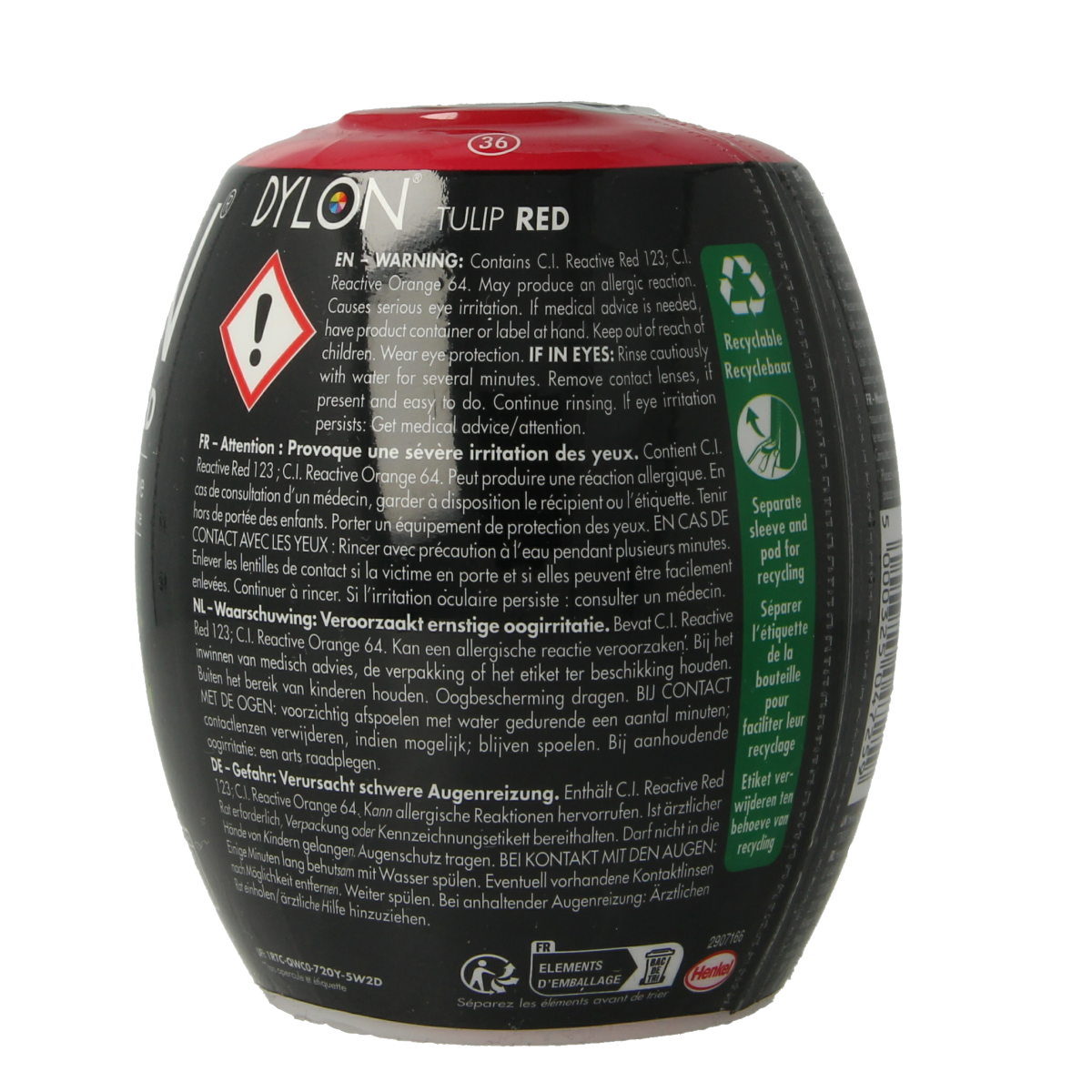 Dylon Tulip Red fabric dye pod in 350g for textile coloring, shown in a close-up image.