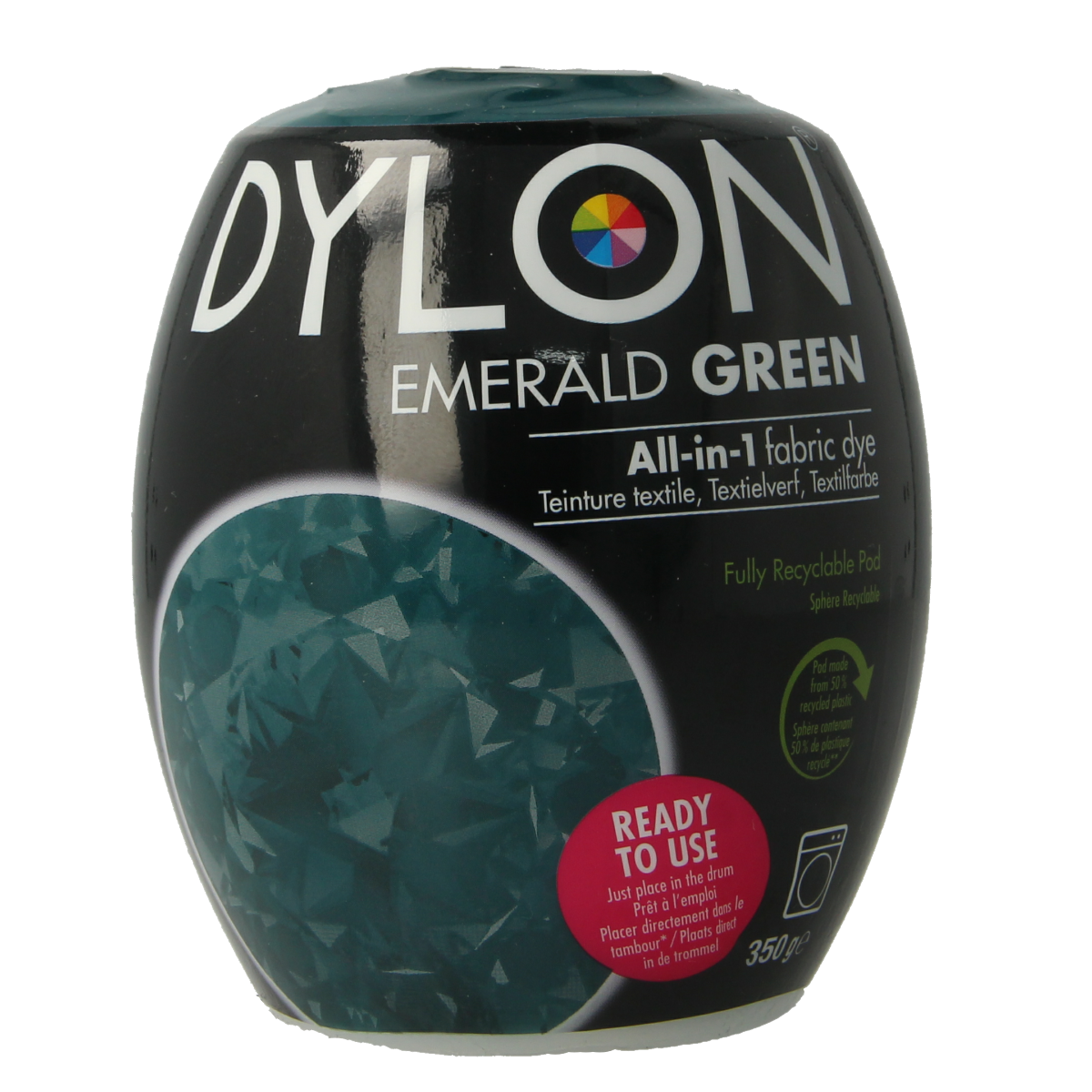Dylon emerald green textile dye pod, 350 grams, for fabric coloring, with vibrant green color visible in the image.