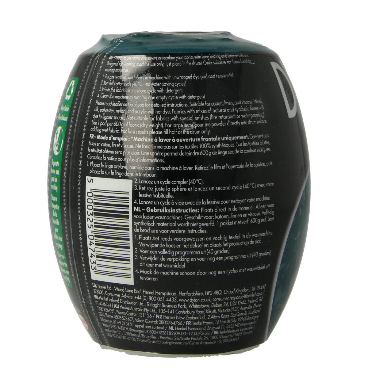 Dylon emerald green textile dye pod, 350 grams, for fabric coloring and dyeing projects.