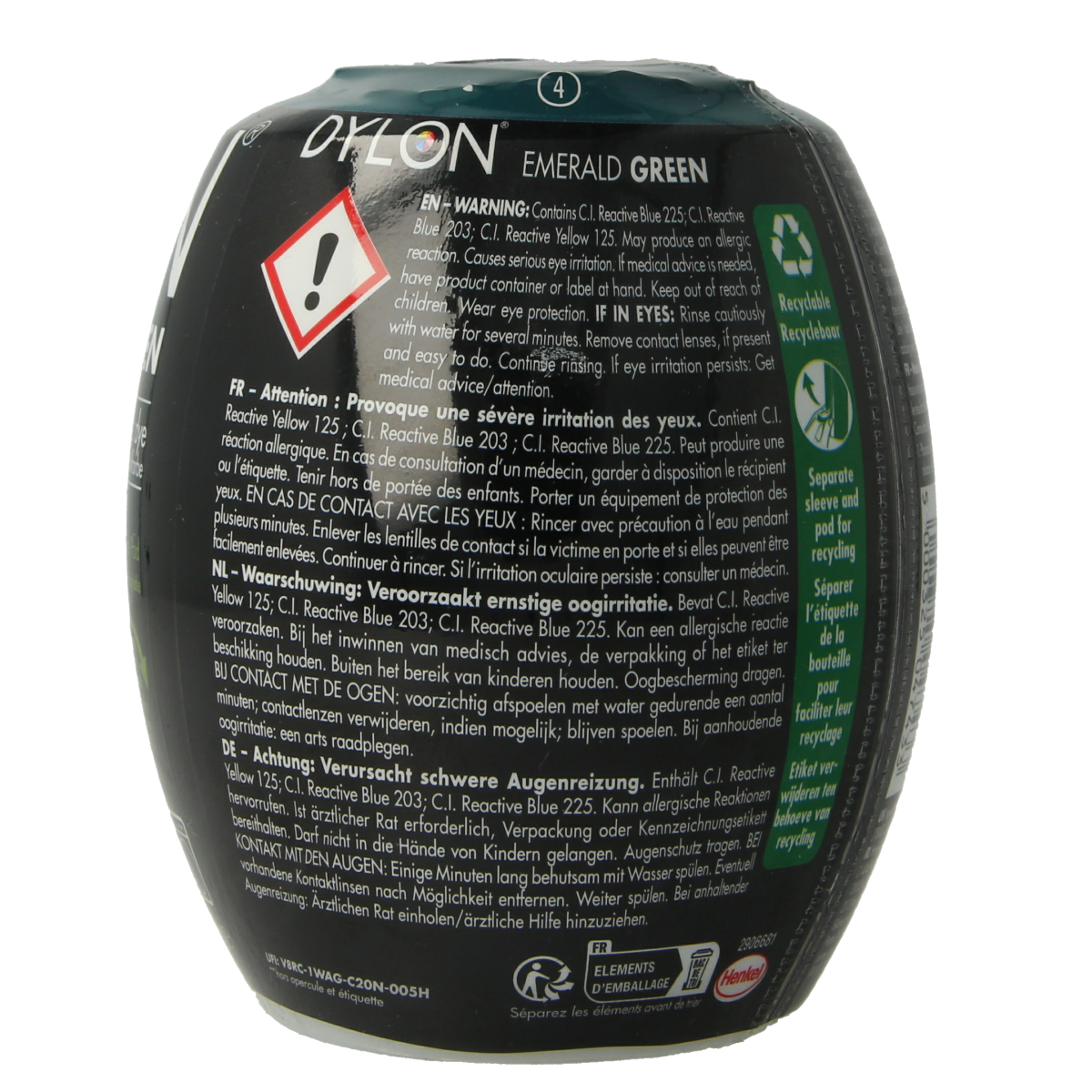 Dylon emerald green textile dye pod, 350 gram, for fabric coloring, with green dye powder visible in the container.