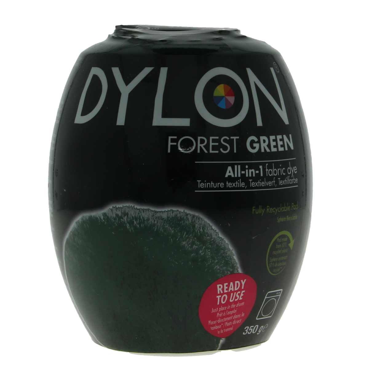 Dylon Forest Green textile dye pod, 350 grams, for fabric coloring and dyeing projects.