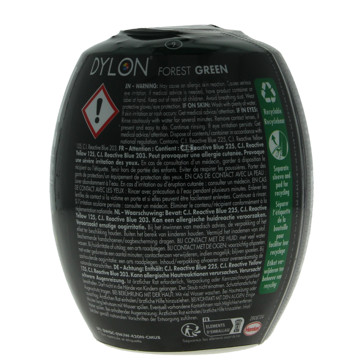 Dylon forest green textile dye pod, 350g, for fabric coloring, with the Dylon brand label and green dye inside the pod.
