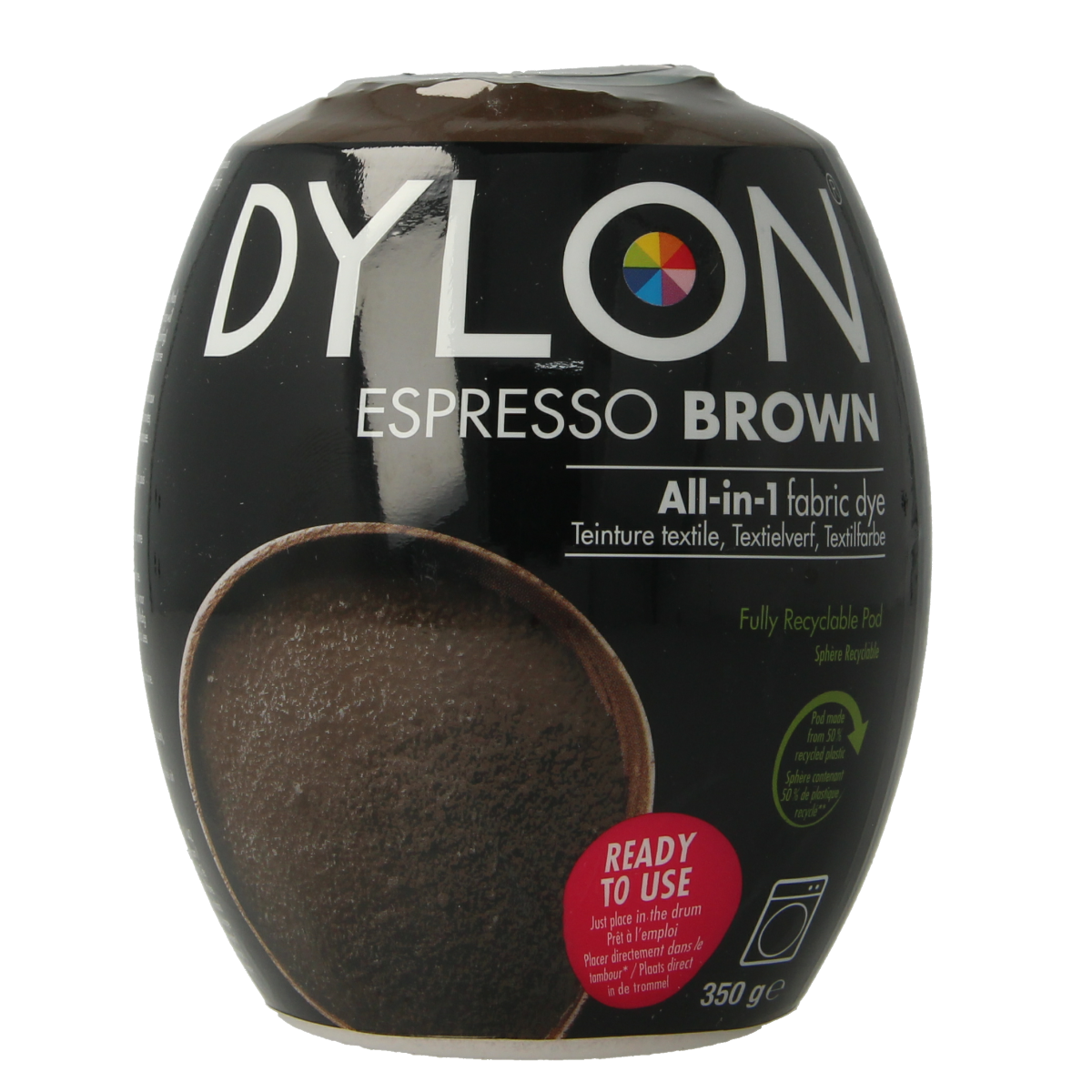 Dylon Pod espresso brown textile dye pack, 350 grams, used for coloring fabrics with Dylon brand dye.