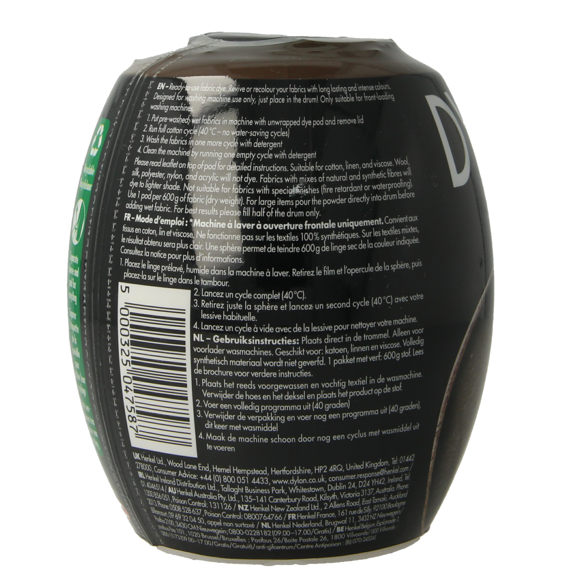 Dylon Pod espresso brown textile dye in 350g container, used for fabric coloring and dyeing projects.