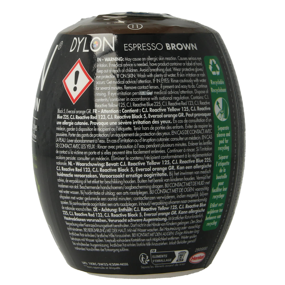 Dylon Pod espresso brown textile dye in 350g package, used for fabric coloring and textile projects.