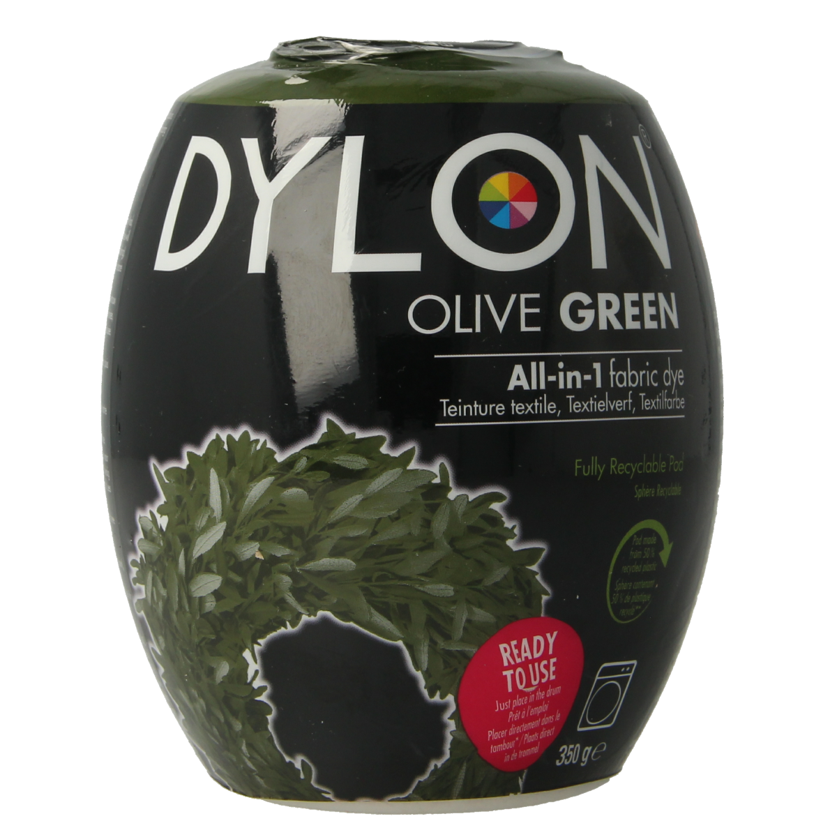 Dylon olive green textile dye pod, 350 grams, for fabric coloring and dyeing projects.
