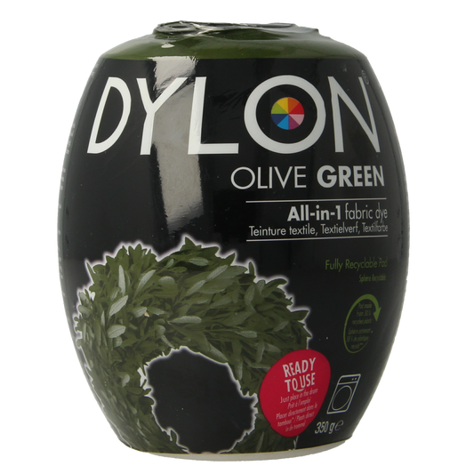 Dylon olive green textile dye pod, 350 grams, for fabric coloring and dyeing projects.