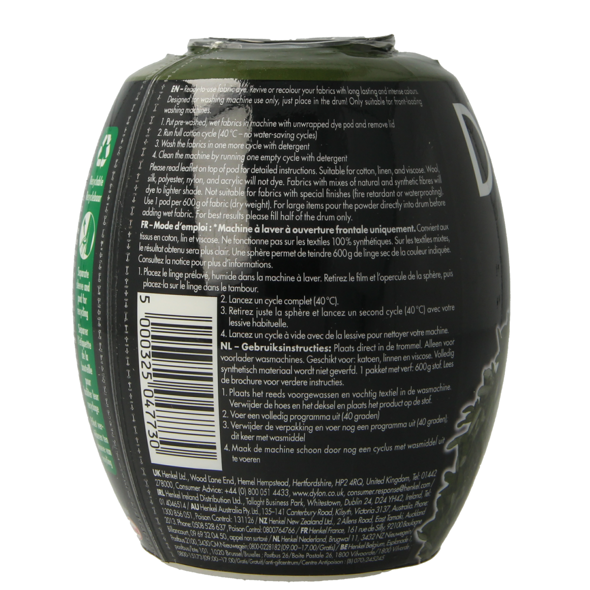 Dylon olive green textile dye pod, 350 grams, for fabric coloring and dyeing projects.