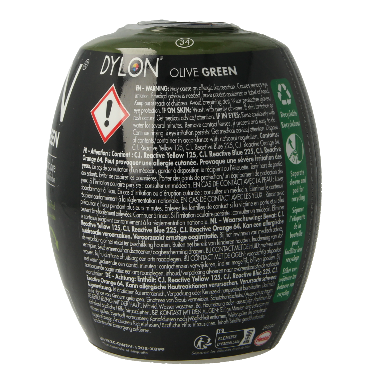 Dylon olive green textile dye pod, 350 grams, for fabric coloring and dyeing projects.