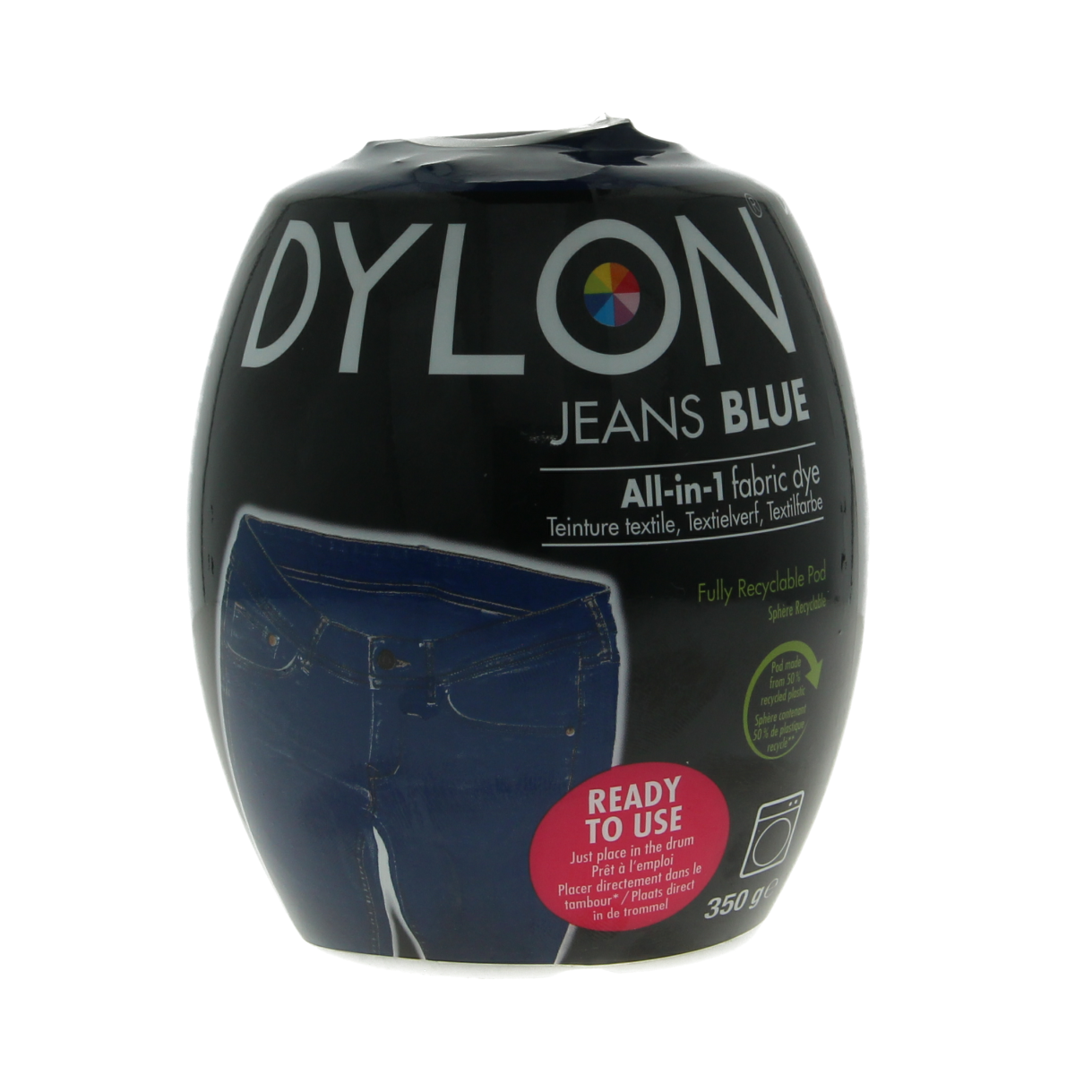 Blue Dylon Pod jeans fabric dye, 350 grams, for coloring textiles with the Dylon brand.