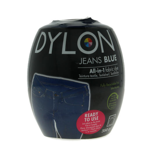 Blue Dylon Pod jeans fabric dye, 350 grams, for coloring textiles with the Dylon brand.