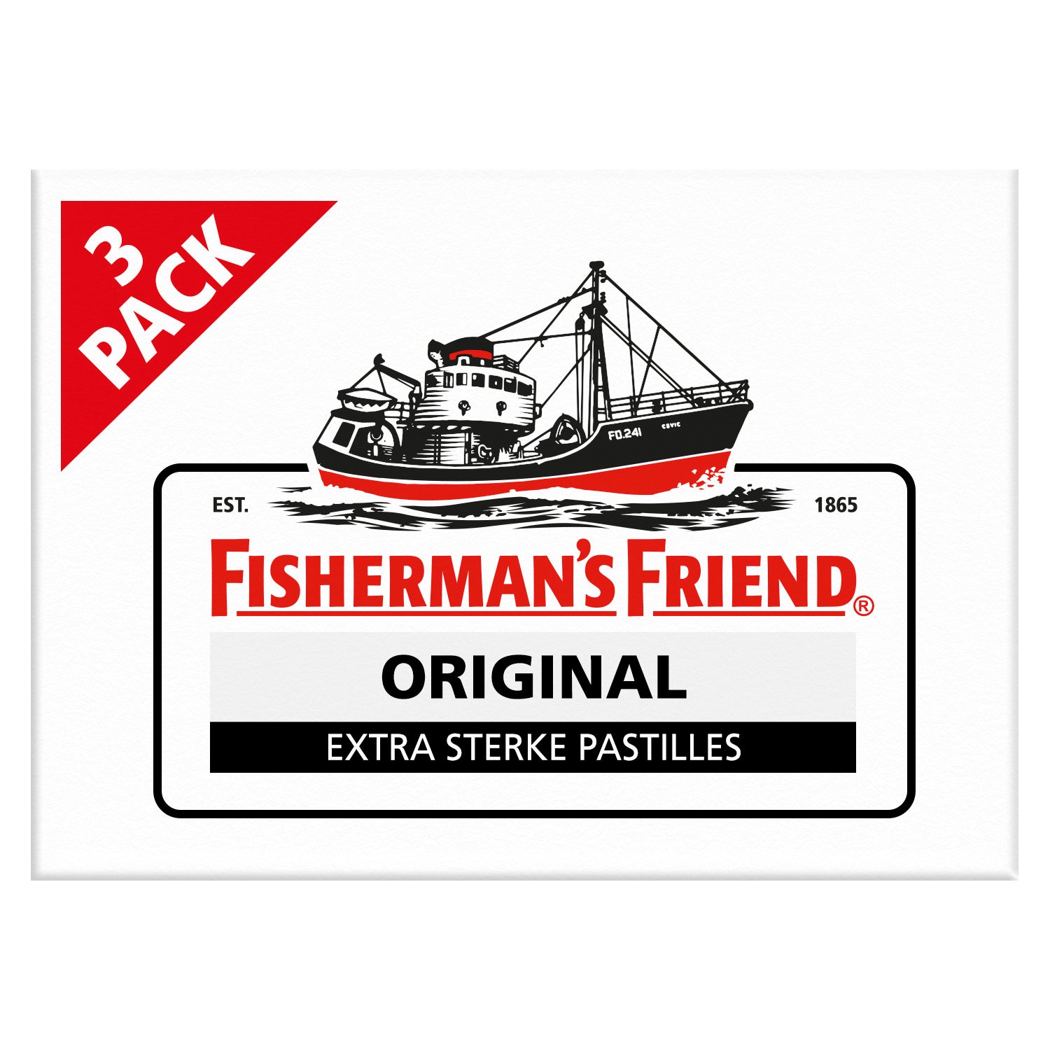 Fisherman's Friend Original lozenges in a 3-pack, 25g each, packaged for soothing throat relief.