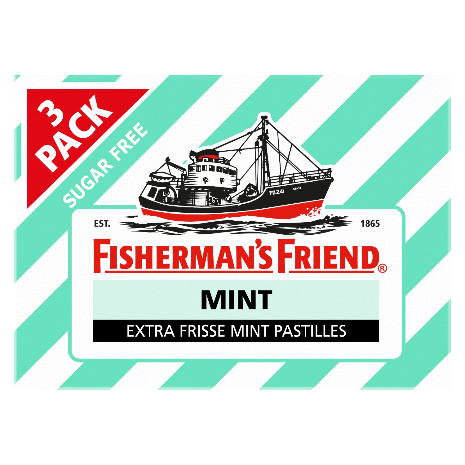 Fisherman's Friend Mint sugar-free candy pack with three 25g bags, featuring fresh mint flavor and colorful packaging.
