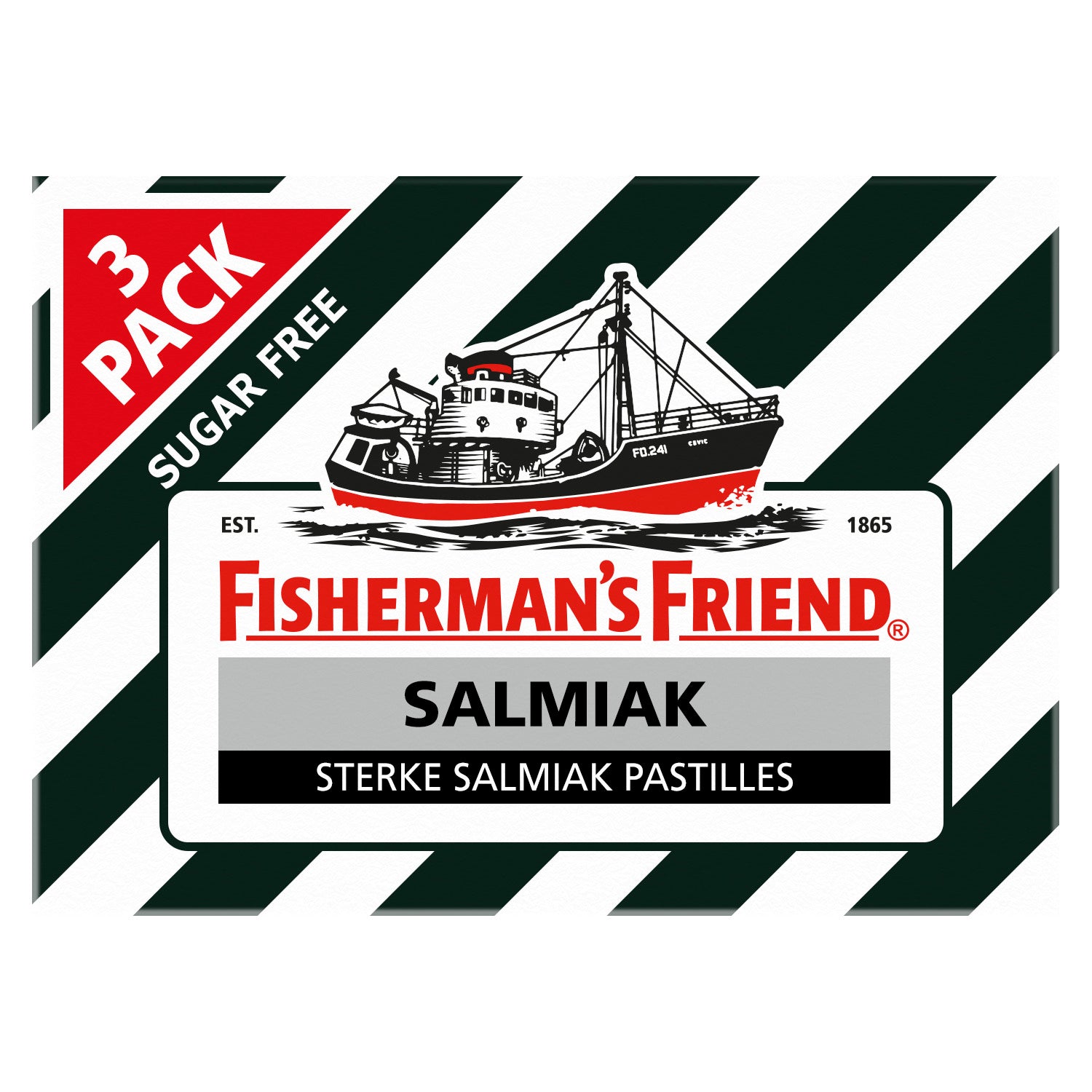Fisherman's Friend Salmiak sugar-free candies 3-pack, 25g each, in colorful packaging, a popular snoepgoed treat.