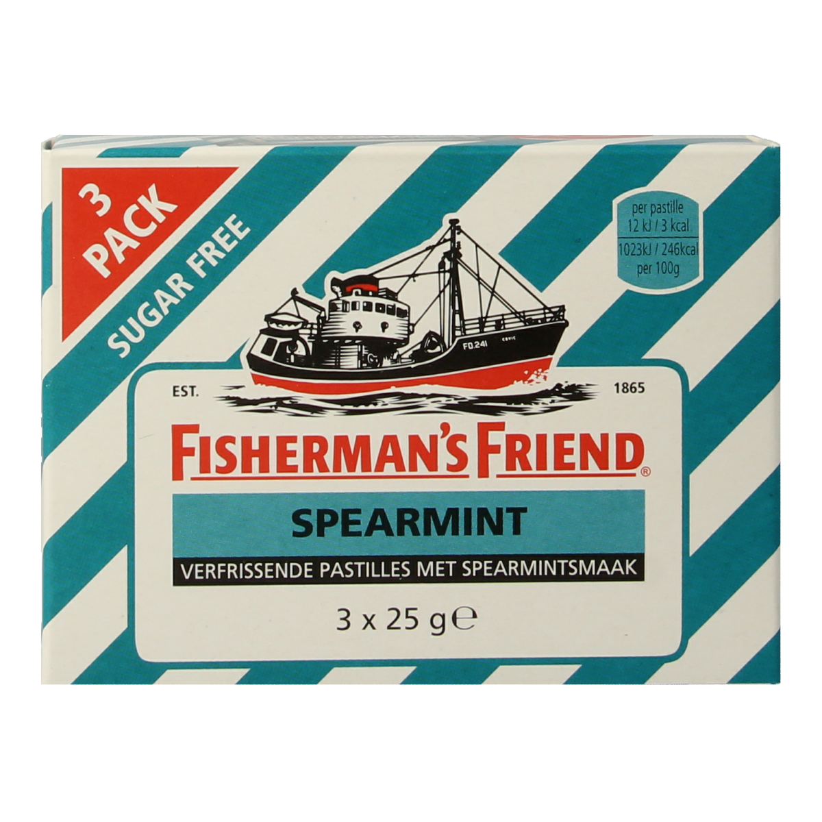 Fisherman's Friend Spearmint sugar-free candy 3-pack, 25g each, showing the mint-flavored lozenges in colorful packaging.