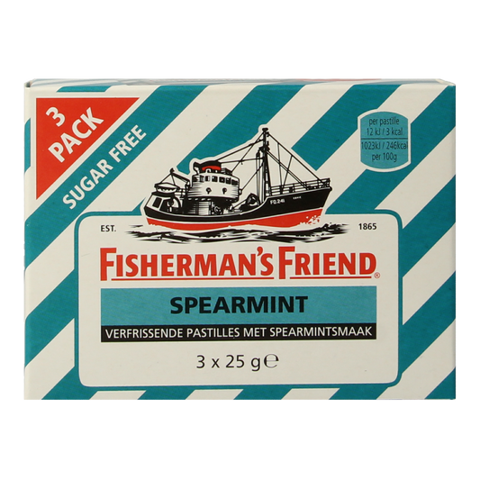 Fisherman's Friend Spearmint sugar-free candy 3-pack, 25g each, showing the mint-flavored lozenges in colorful packaging.