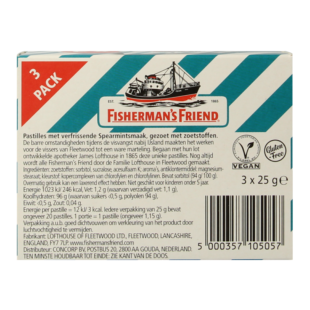 Fisherman's Friend Spearmint sugar-free candy 3-pack, 25 grams each, with green spearmint candies in clear packaging