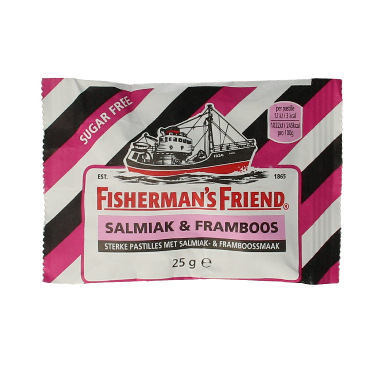 Fisherman's Friend Framboos sugar-free candy, 25 grams, showing raspberry-flavored lozenges in colorful packaging.