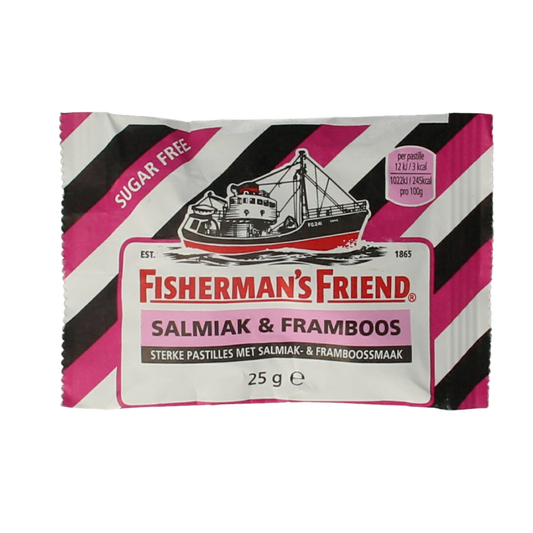Fisherman's Friend Framboos sugar-free candy, 25 grams, showing raspberry-flavored lozenges in colorful packaging.