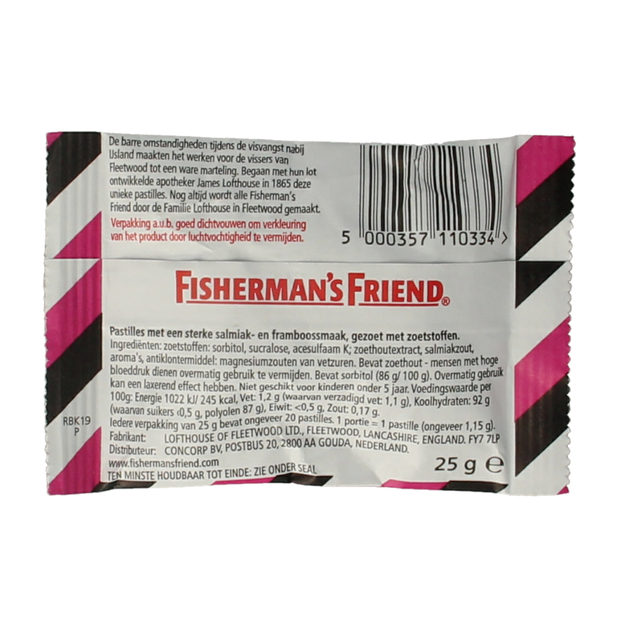 Fisherman's Friend Framboos sugar-free candy packet, 25 grams, featuring raspberry-flavored lozenges in a colorful wrapper.