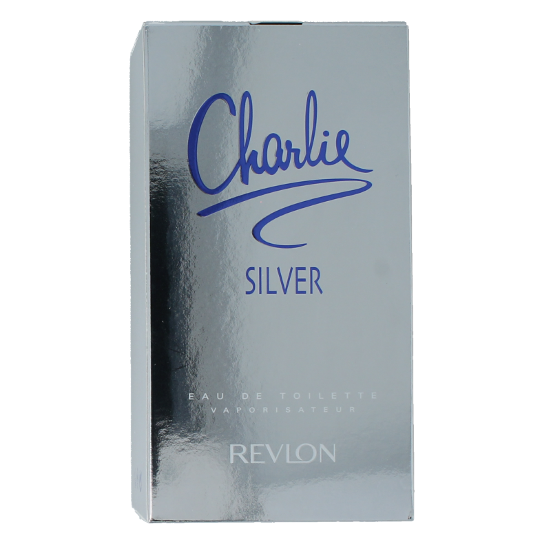 Charlie Silver eau de toilette spray, 100ml, perfume bottle with sleek silver design and transparent cap.