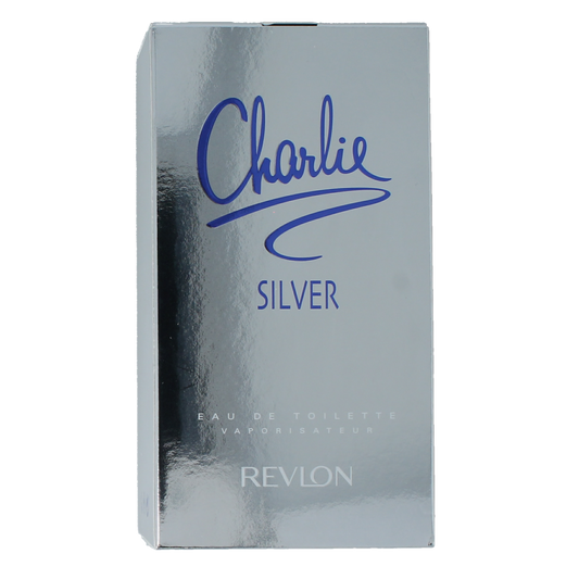 Charlie Silver eau de toilette spray, 100ml, featuring a sleek silver bottle with elegant design and fragrance details.