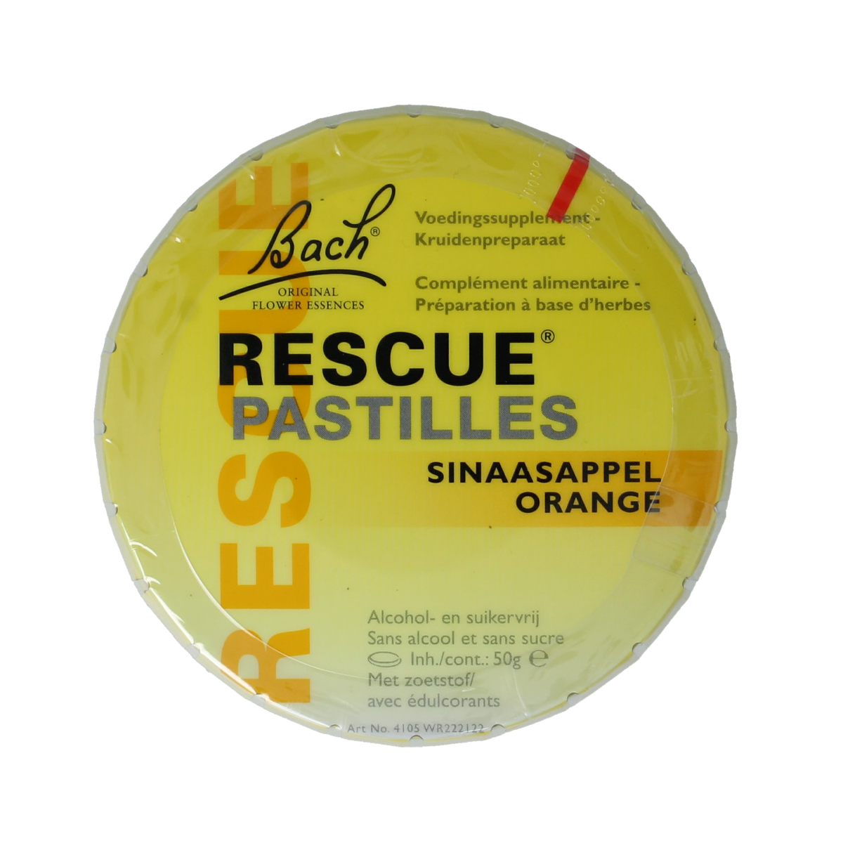 Bach Rescue Rescue pastilles sinaasappel in 50g package, herbal remedy with orange flavor, for stress relief and calming.