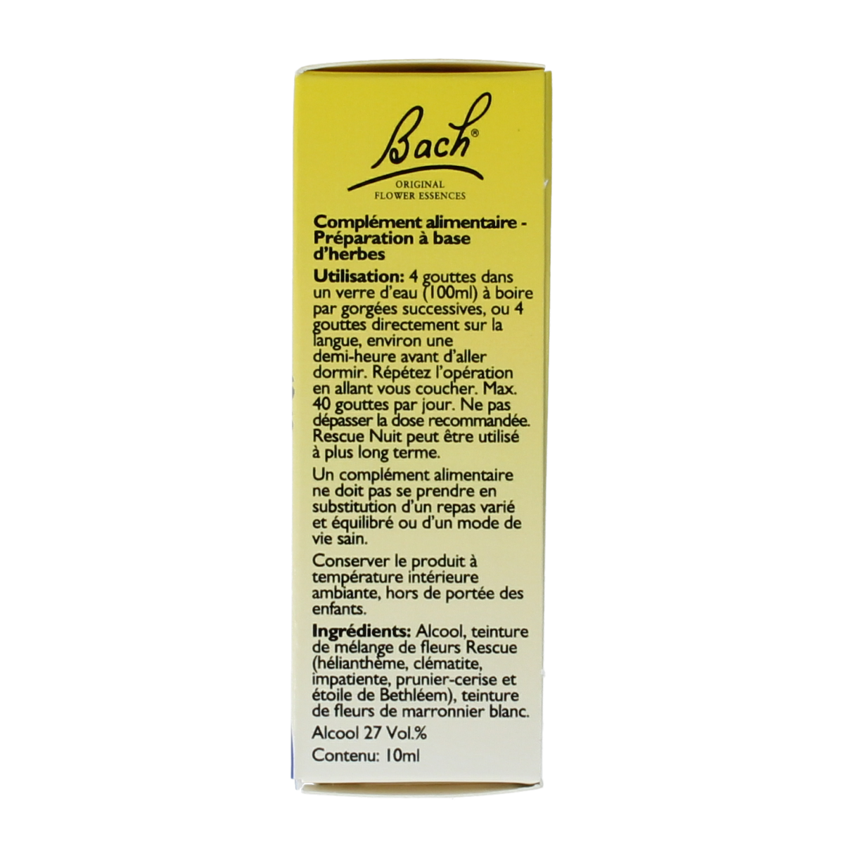 Bach Rescue Rescue Remedy Nacht druppels in 10ml bottle, herbal remedy for calming and relaxation, with dropper cap visible.