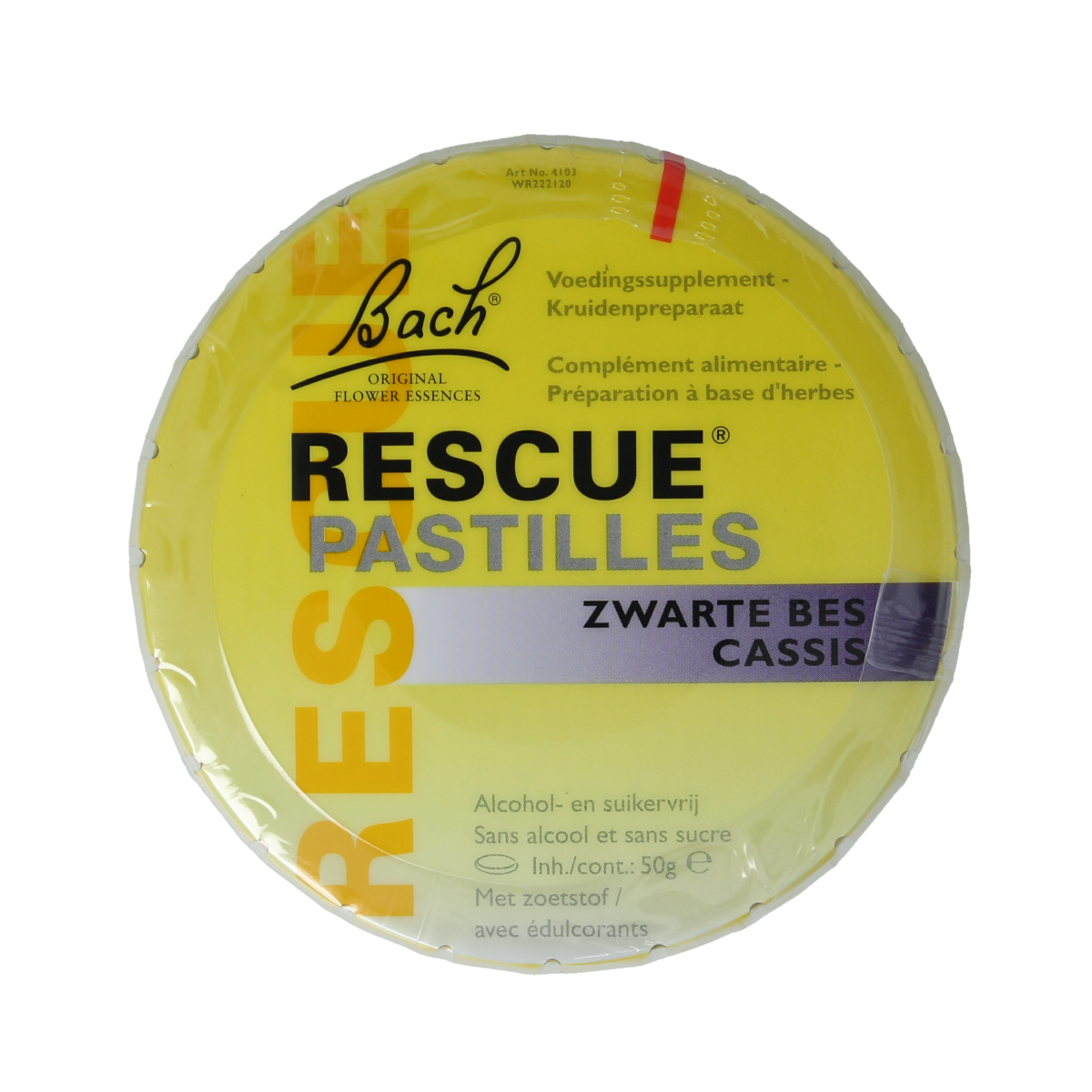 Bach Rescue Rescue pastilles met zwarte bes in een doos van 50 gram, kruidenpreparaat voor ontspanning en welzijn.