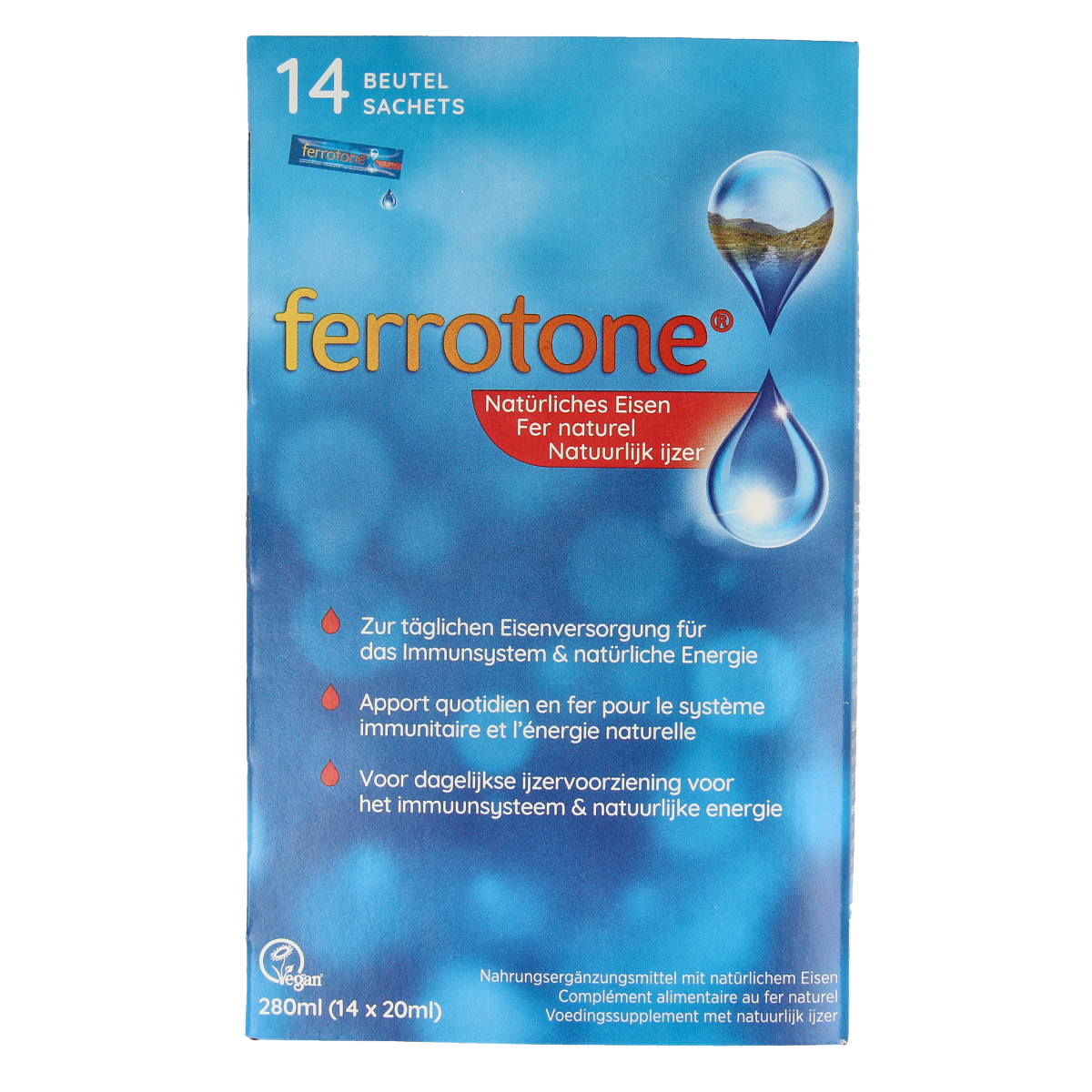 Ferrotone Natuurlijk ijzer mineralen supplement in 14 x 20ml bottles, natural iron supplement from Ferrotone.