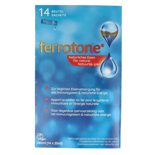 Ferrotone Natuurlijk ijzer mineralen supplement in 14 x 20ml bottles, natural iron supplement from Ferrotone.