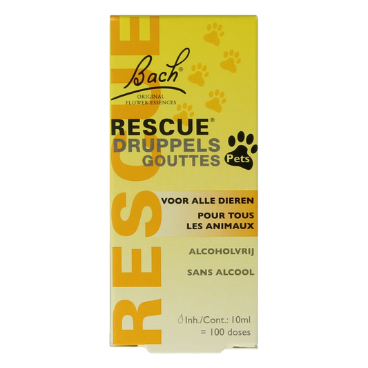 Bach Rescue Rescue pets drops in a 10ml bottle, a natural pet supplement for calming and stress relief.