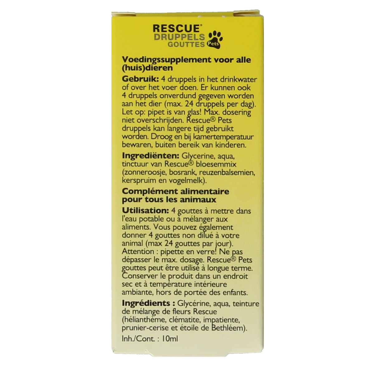 Bach Rescue Rescue Pets drops in 10ml bottle, pet dietary supplement for calming and stress relief in animals.