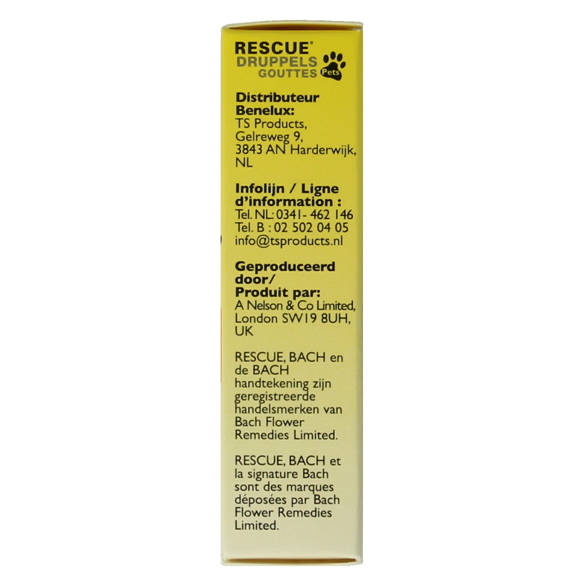 Bach Rescue pet drops in 10ml bottle, natural animal supplement for stress relief, with dropper cap, on a white background.