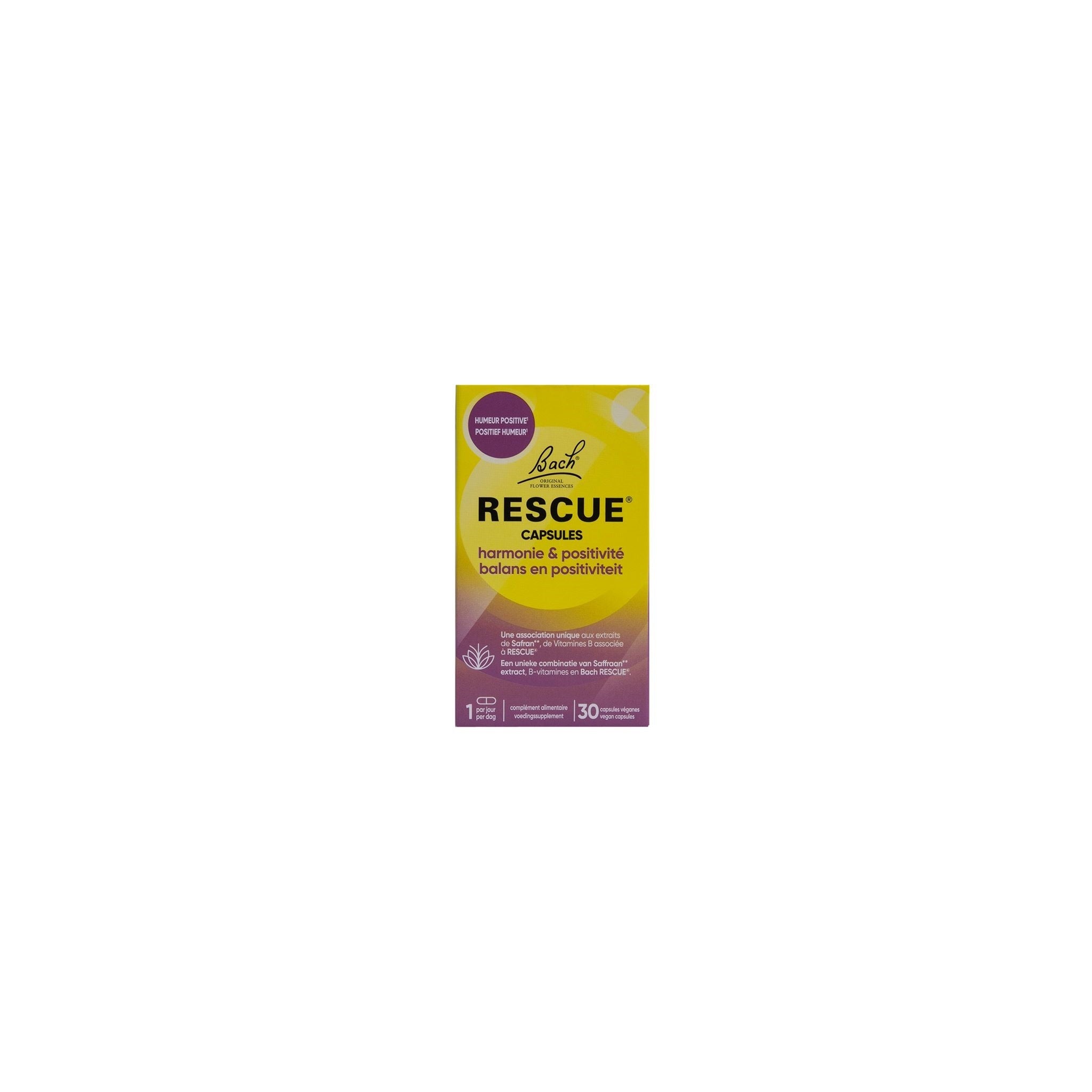 Bach Rescue Rescue balans and positivity herbal capsules in a bottle, herbal supplement from Bach Rescue brand.