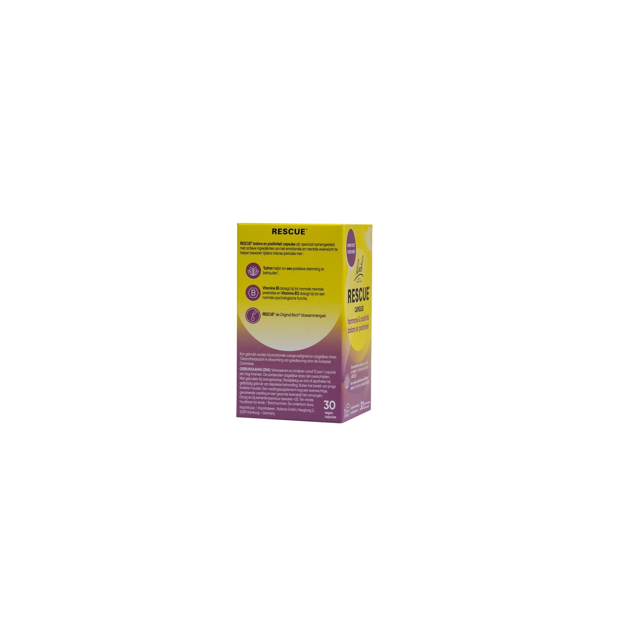 Bach Rescue Rescue balans en positiviteit kruidenpreparaat capsules showing a bottle of 30 capsules in front of a white background.