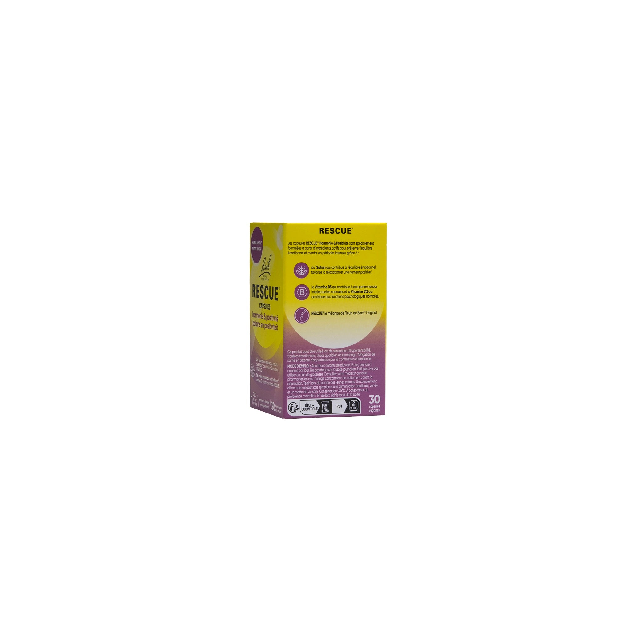 Bach Rescue Rescue balans capsules, herbal supplement for mood support, in a clear bottle with capsule capsules visible.