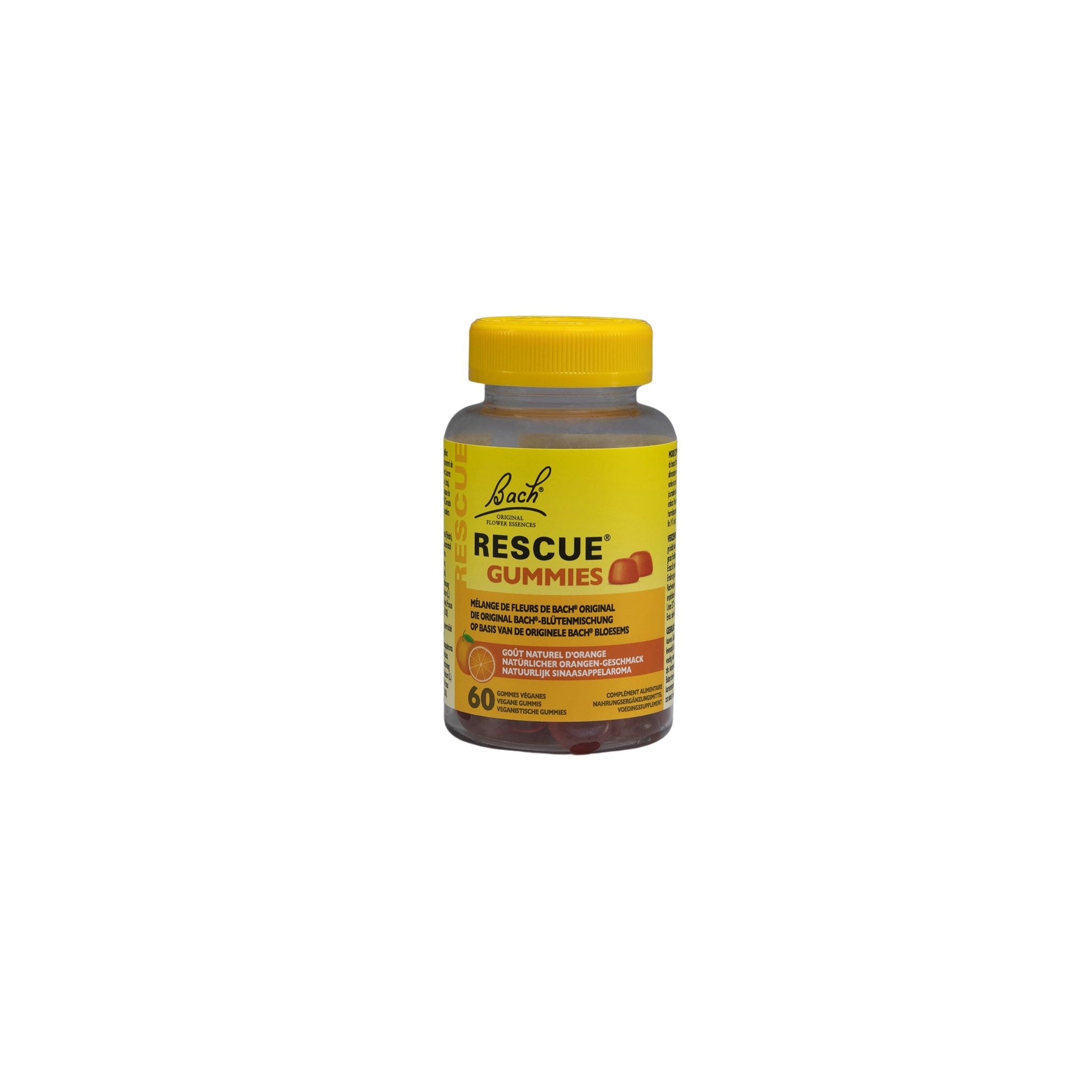 Bach Rescue Rescue orange gummies in a clear container, herbal remedy for stress relief, produced by Bach Rescue.