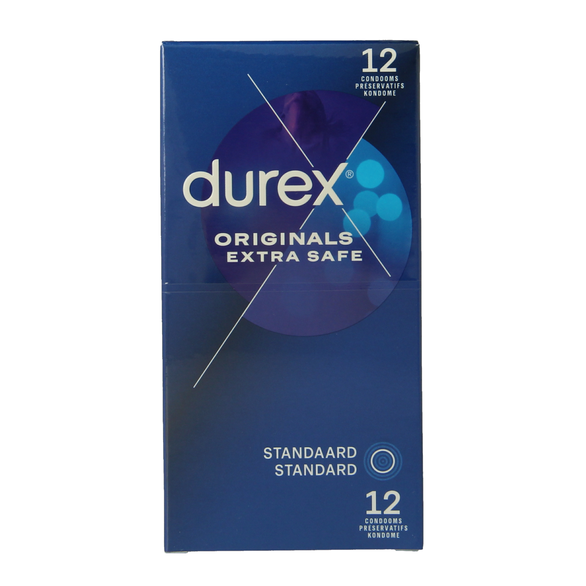 Box of Durex Extra Safe condoms with 12 pack, featuring the brand logo and packaging design.