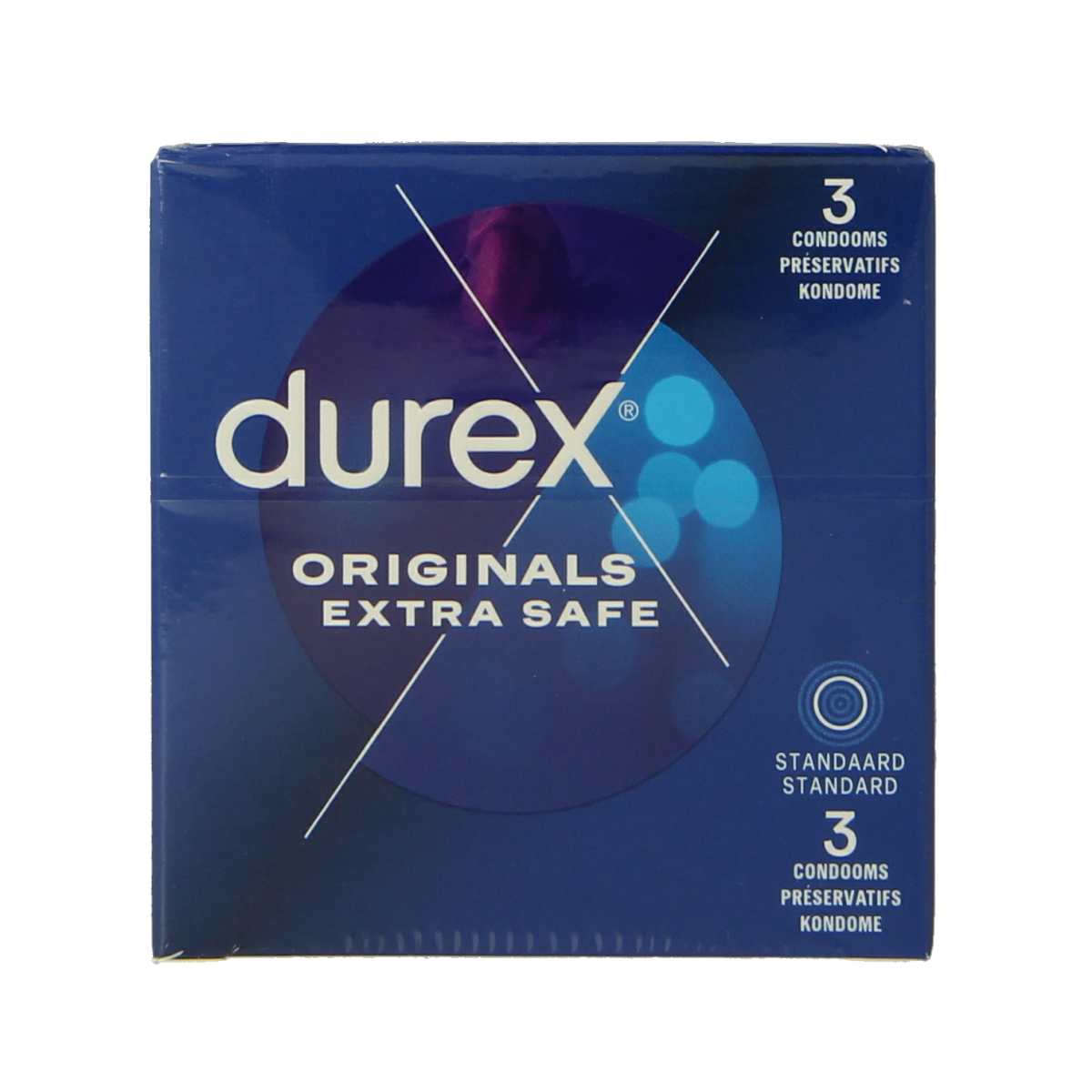 Durex Extra Safe condoms, pack of three, showing the transparent condom packaging with Durex branding.