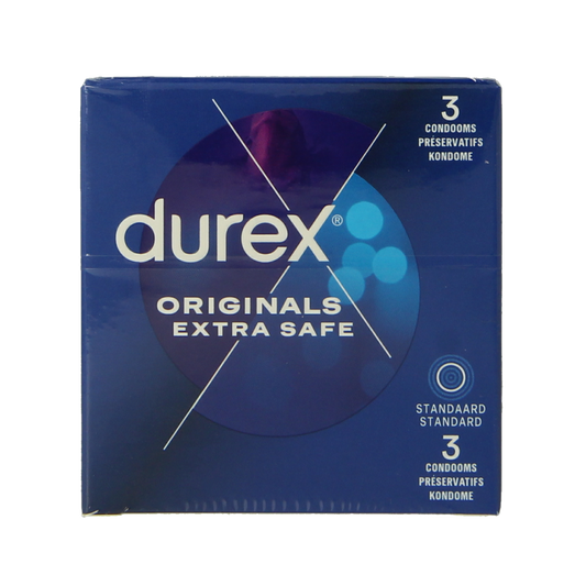 Durex Extra Safe condoms, pack of three, showing the transparent condom packaging with Durex branding.