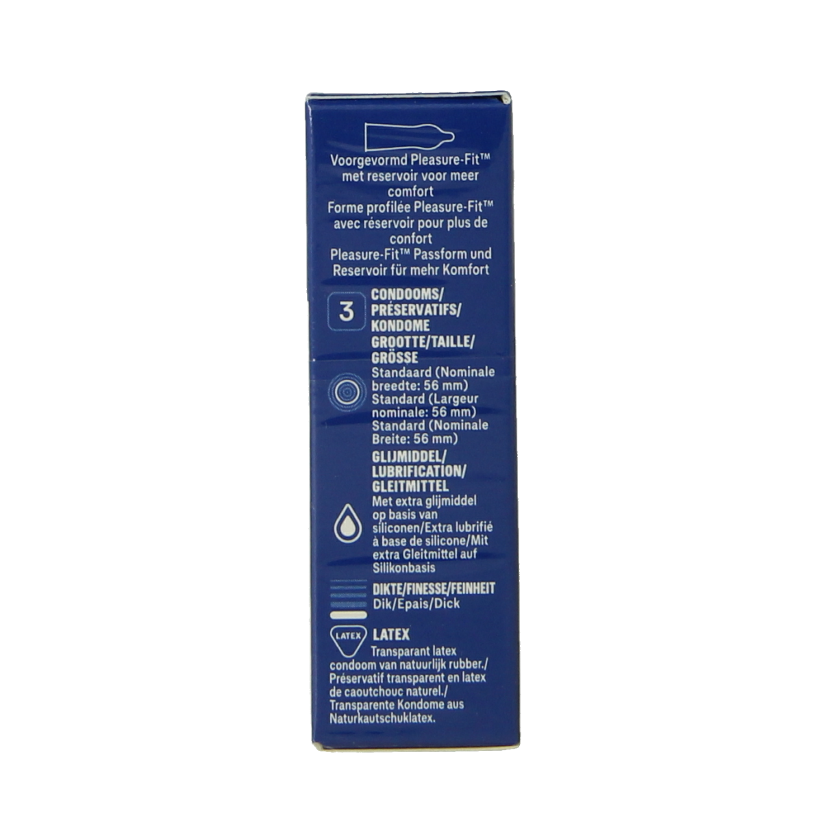 Box of Durex Extra Safe condoms, showing three packs with the Durex logo and product packaging.