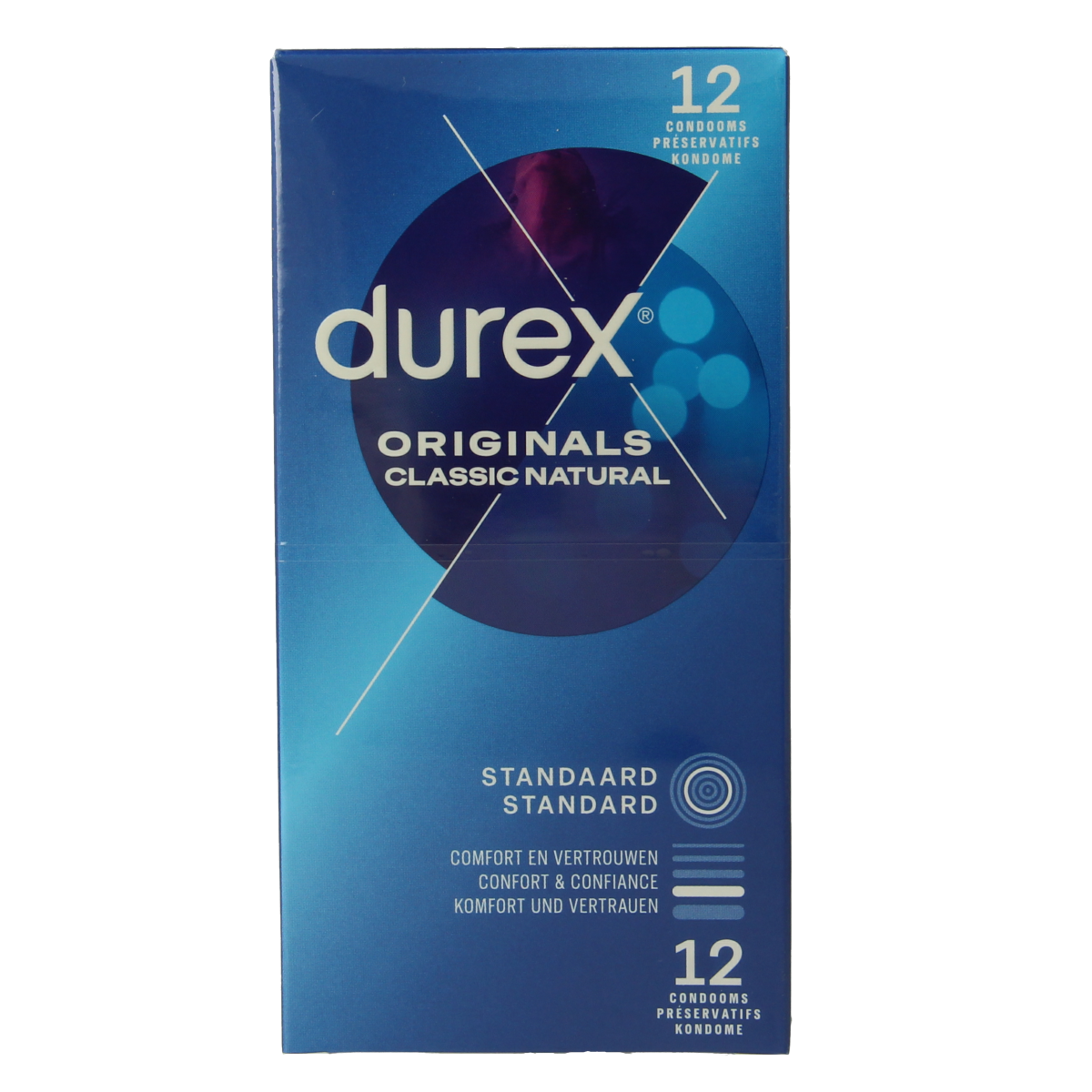 Durex Classic natural condom pack with 12 pieces, featuring transparent packaging and the Durex brand logo.